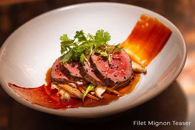 Filet Mignon Teaser with wild mushrooms and sherry soy broth