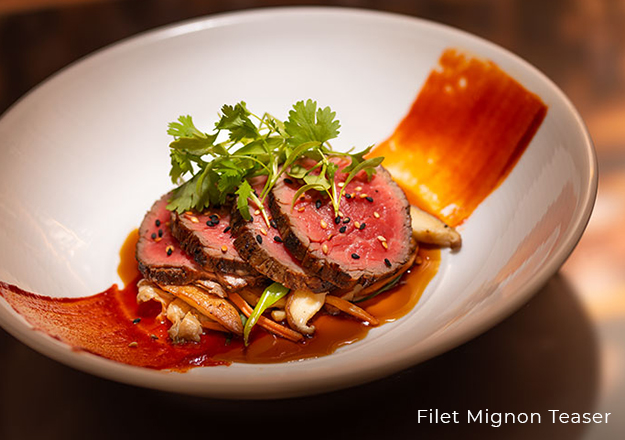 Filet Mignon Teaser with wild mushrooms and sherry soy broth